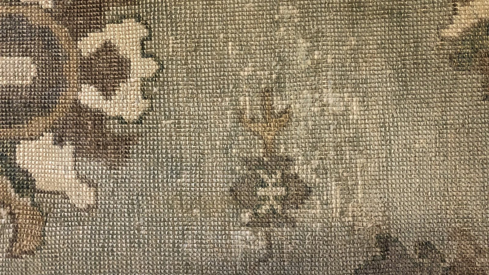The reverse of a wool rug, where damp in the cotton foundation shows before the pile gives it away